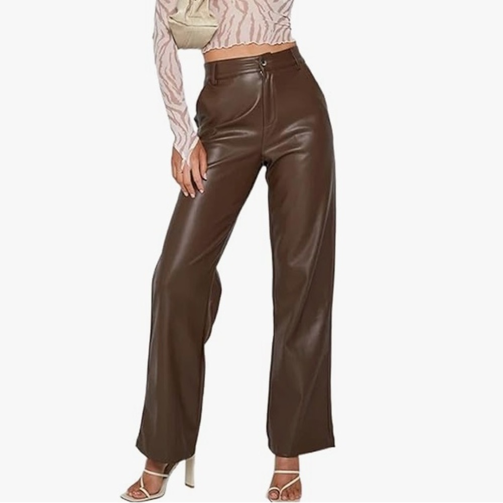 NWT Faux leather High waist wide leg  pants Dark brown size M - Picture 2 of 16